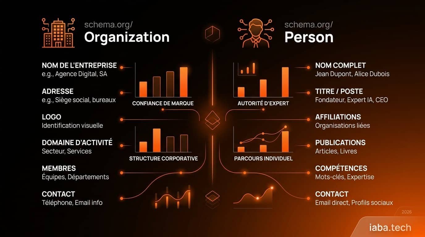 Comparaison de visibilité entre schema Organization et Person dans les SERP IA
