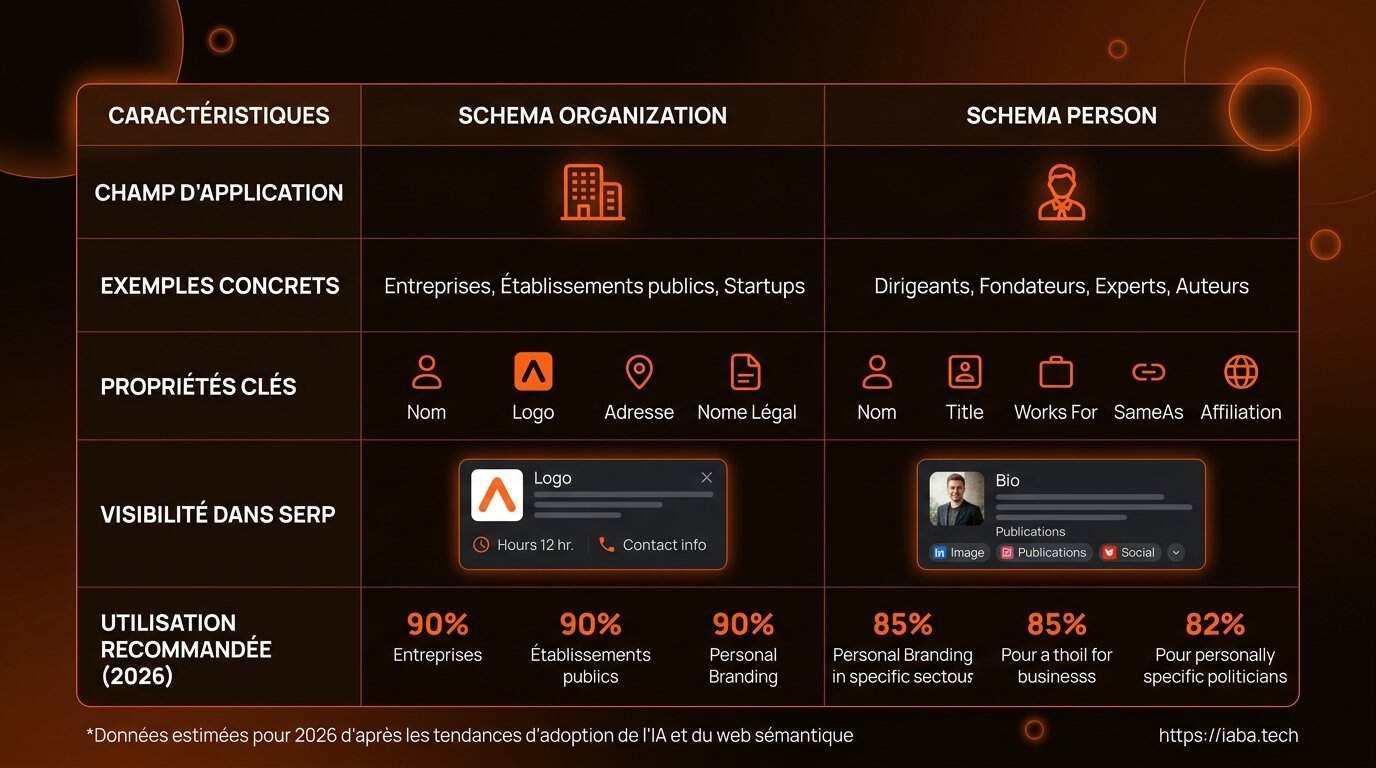 Tableau comparatif des propriétés Schema Organization et Person