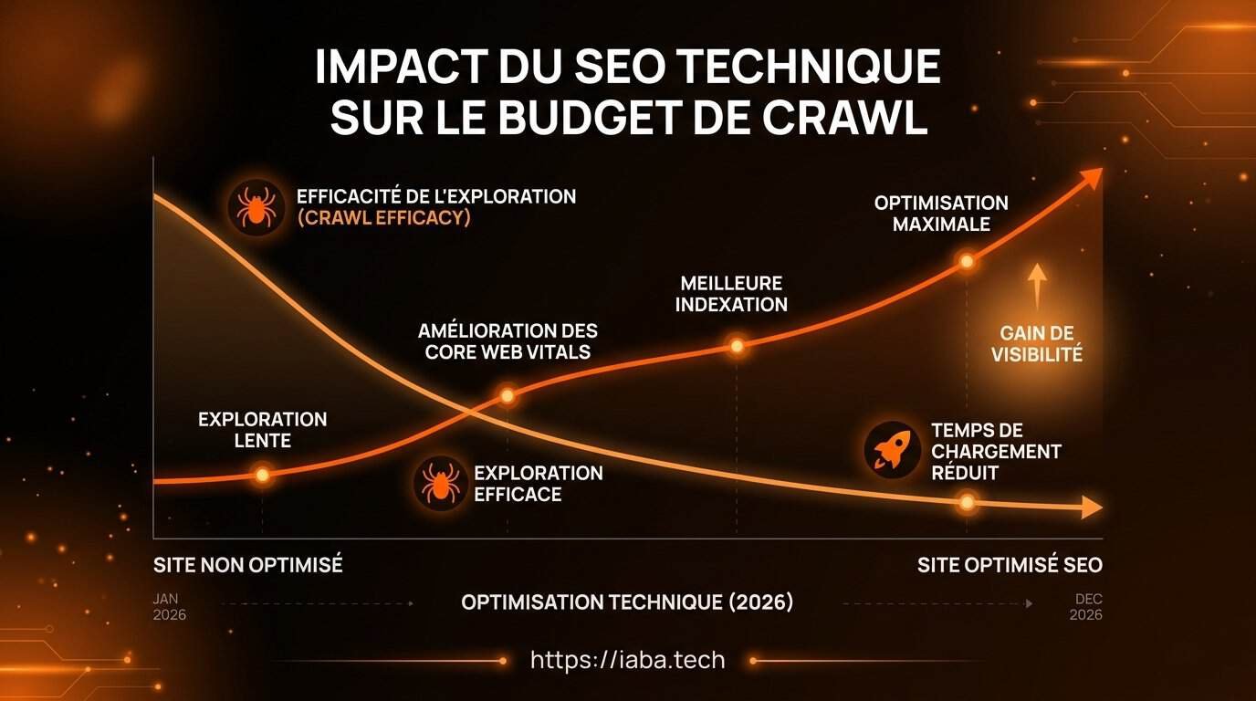 Graphique de corrélation entre optimisation SEO technique et hausse du crawl Googlebot sur 12 mois