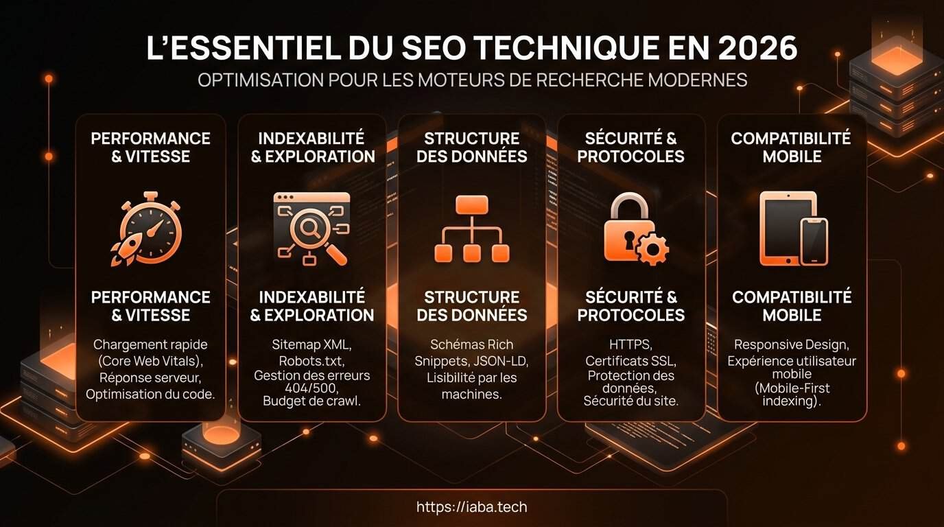 Schéma des 6 piliers de l'audit SEO technique : crawl, indexation, rendu JavaScript, Core Web Vitals, données structurées, HTTPS
