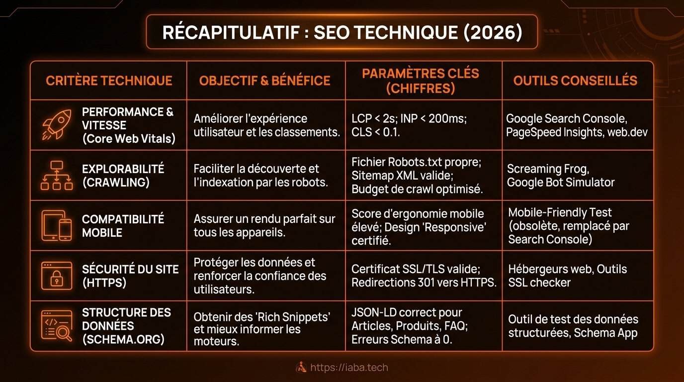 Comparatif des indicateurs SEO technique 2026 : Core Web Vitals, indexation, données structurées et mobile