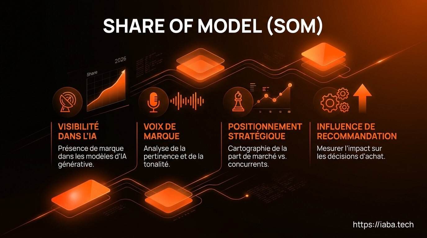 Infographie du concept de share of model et répartition des parts de marché IA en 2026
