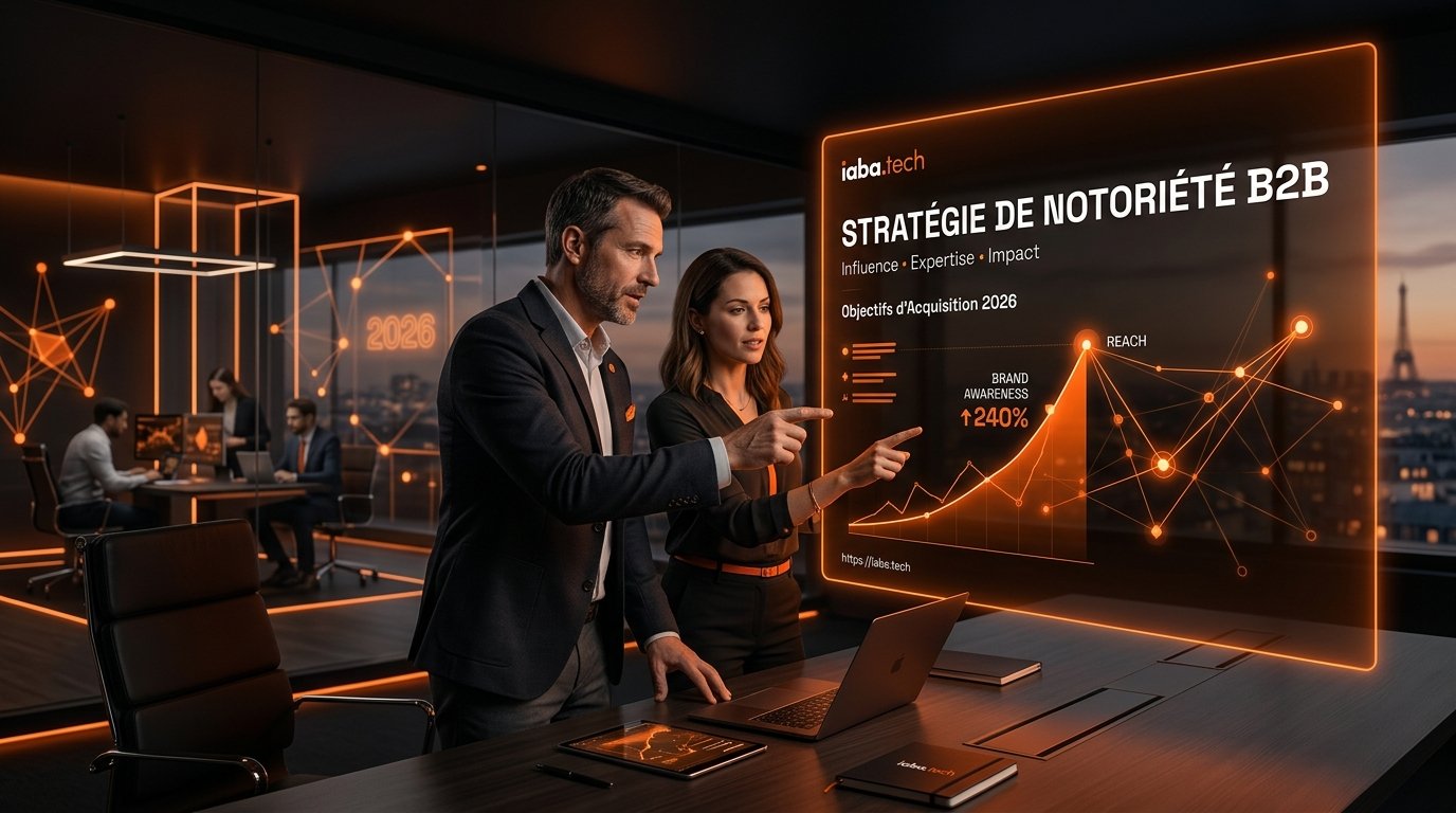 Tableau de bord marketing illustrant une stratégie de notoriété B2B sur tablette