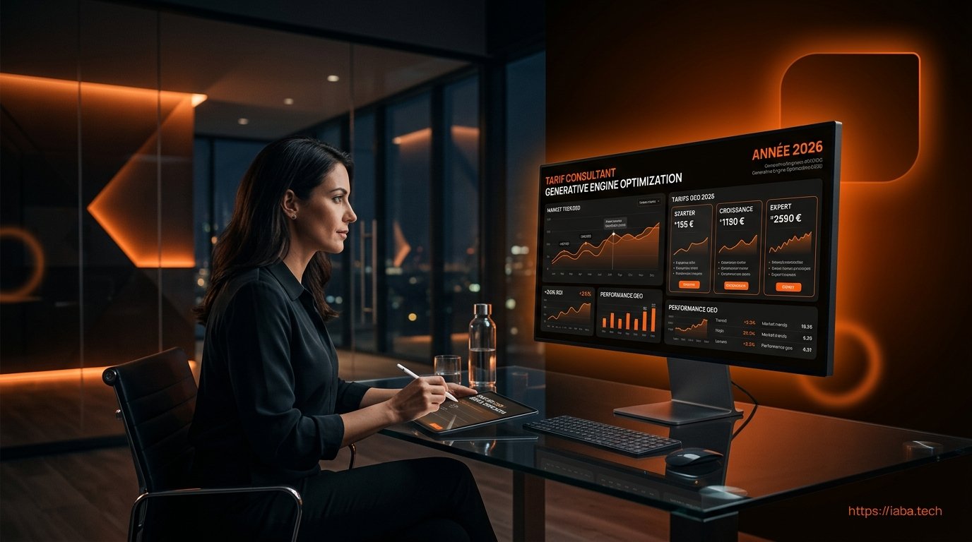 Tarif Consultant GEO 2026 : Prix, TJM et Budget IA 1 Expert analysant la visibilité IA pour définir un tarif consultant Generative Engine Optimization
