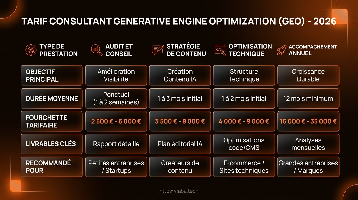 Tarif Consultant GEO 2026 : Prix, TJM et Budget IA 3 Grille tarifaire 2026 des prestations Generative Engine Optimization par niveau