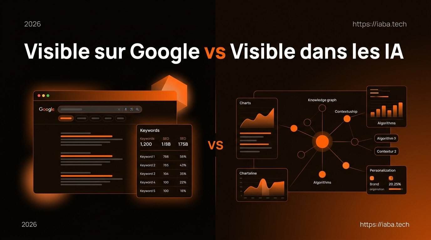 Visible sur Google ou dans les IA : que choisir ? 2 Infographie comparant le référencement Google et le positionnement dans les moteurs de réponse IA