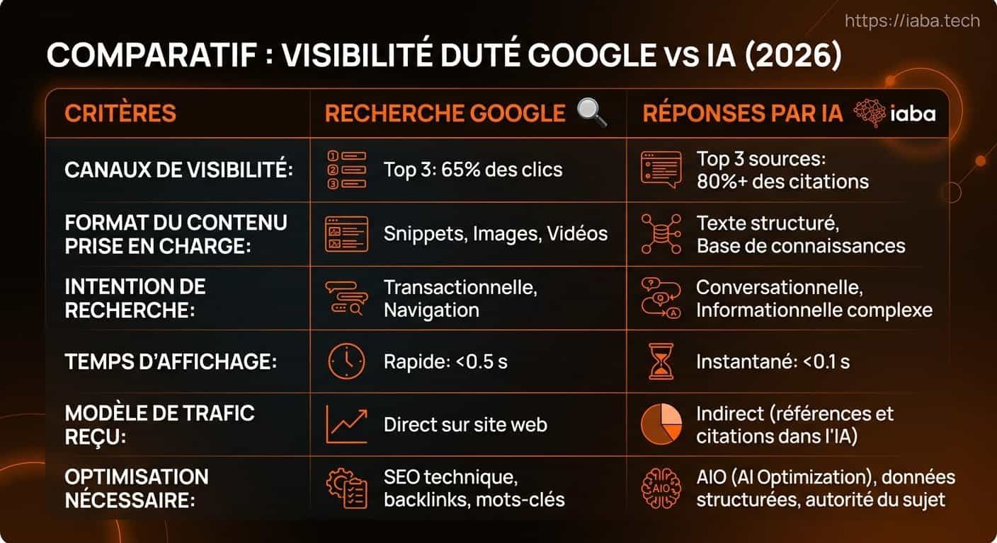 Visible sur Google ou dans les IA : que choisir ? 4 Tableau comparant les critères de ranking Google et les critères des moteurs IA en 2026