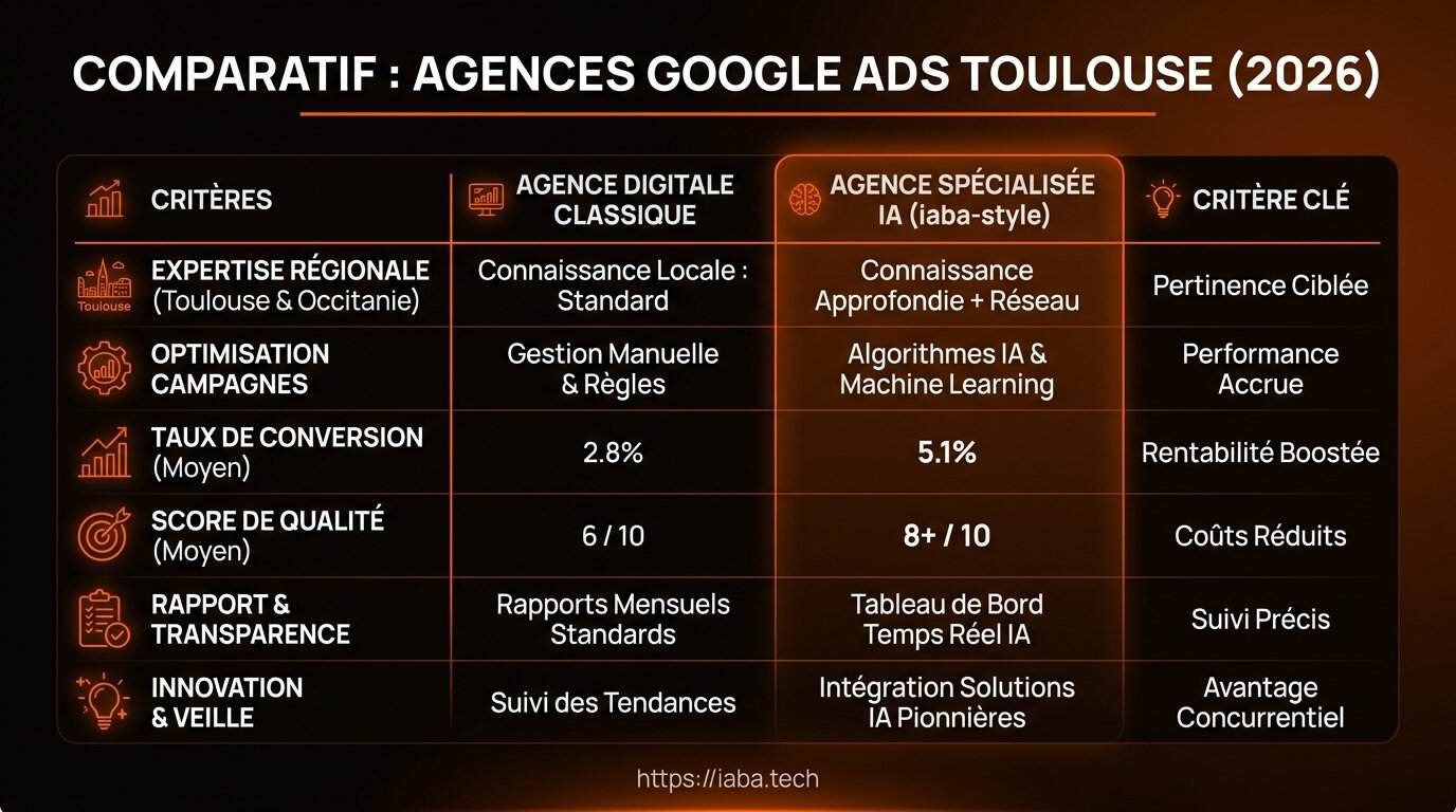 Tableau comparatif des critères de choix d'une agence Google Ads à Toulouse en 2026