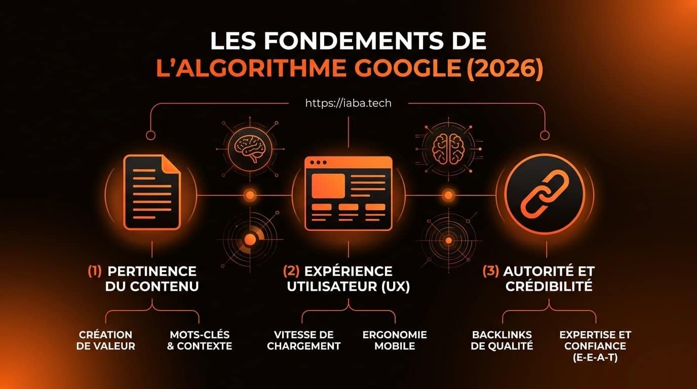 Algorithme Google : décryptage du classement SEO 2 Schéma du fonctionnement de l'algorithme Google : crawl, indexation, traitement IA et classement