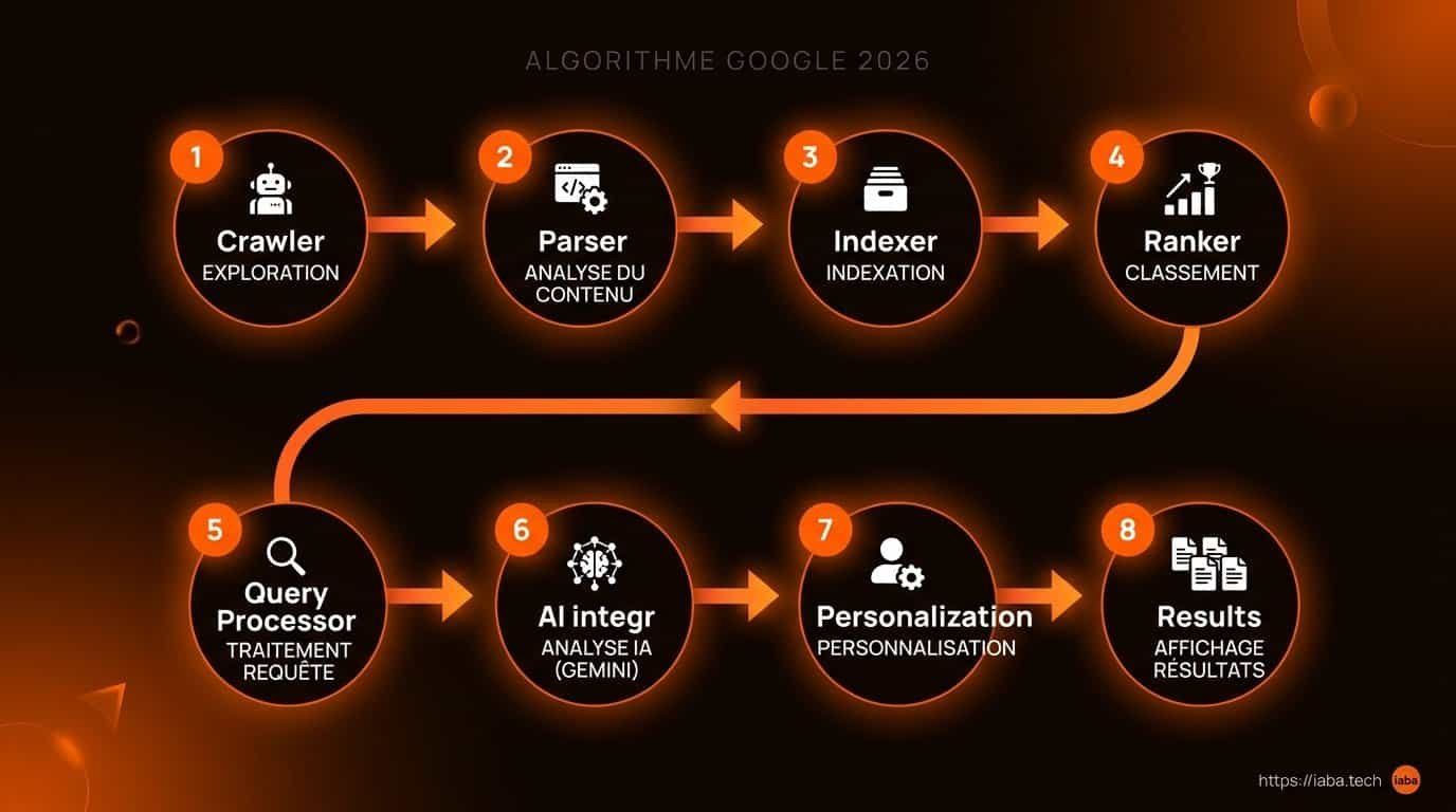 Algorithme Google : décryptage du classement SEO 5 Schéma de processus du classement Google : crawl, indexation, évaluation et SERP