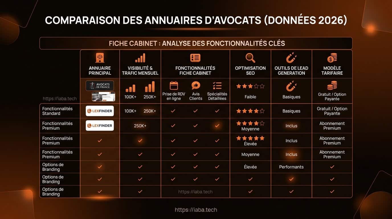 Comparatif des fonctionnalités clés des annuaires d'avocats en 2026 pour la fiche cabinet