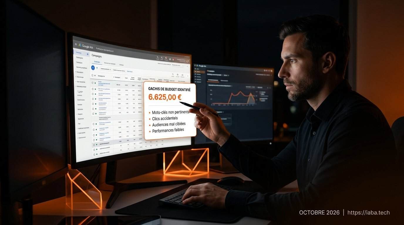 Tableau de bord d'analyse identifiant les zones de gaspillages budgétaires sur Google Ads
