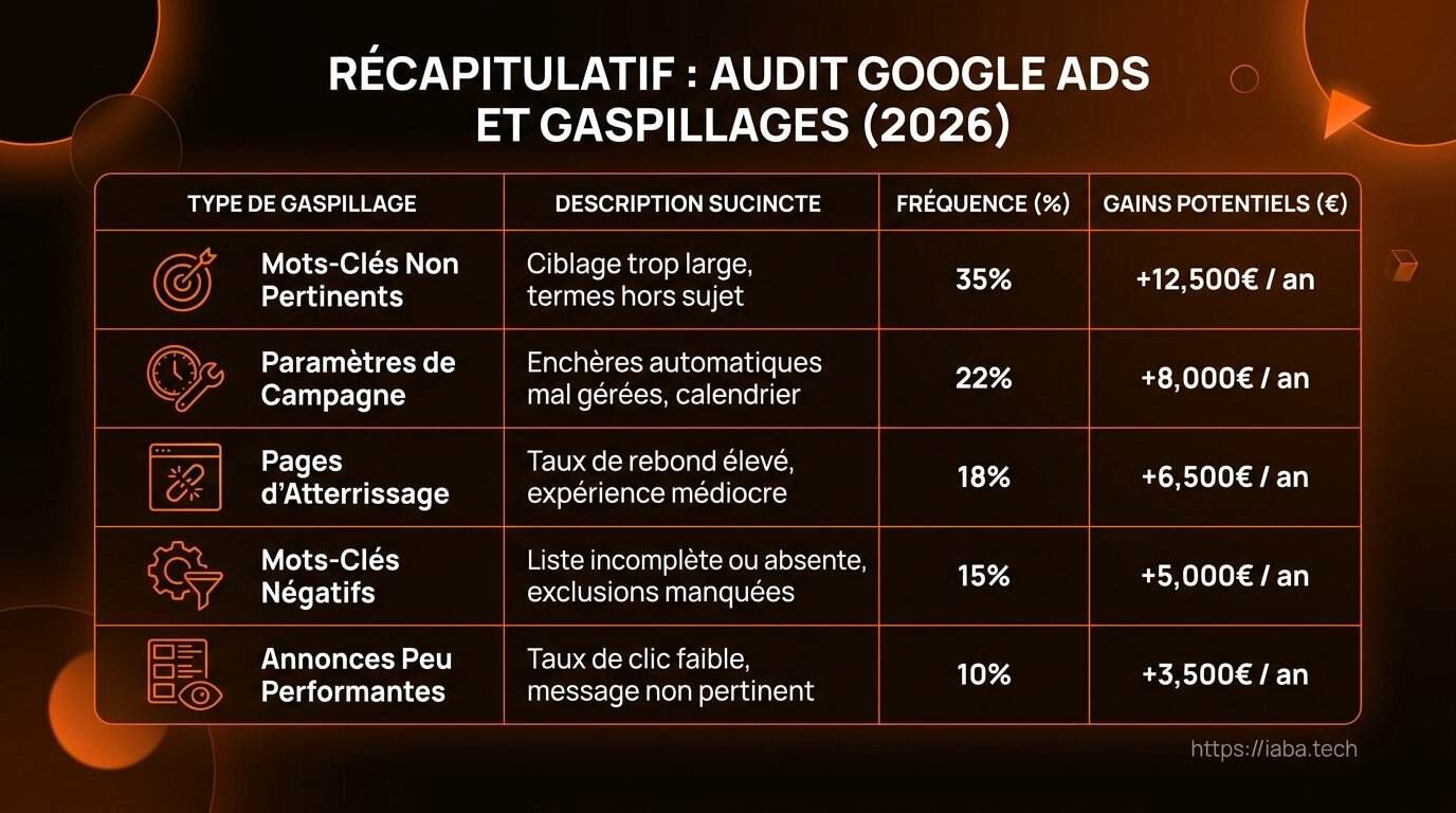Tableau d'analyse comparative des sources de gaspillages Google Ads en 2026
