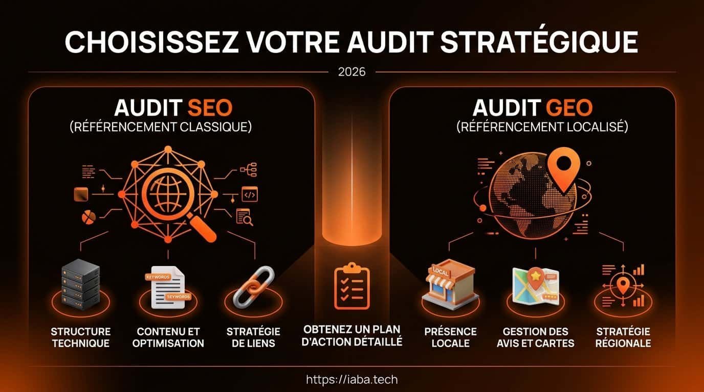 Audit SEO ou audit GEO : lequel choisir pour votre site ? 2 Comparatif visuel illustrant les différences entre l'audit SEO classique et l'audit GEO