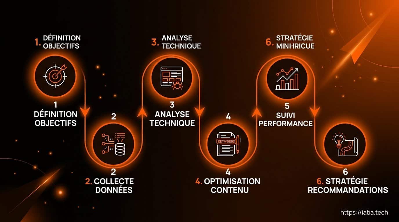 Audit SEO ou audit GEO : lequel choisir pour votre site ? 5 Schéma du processus combinant les étapes de l'audit SEO et de l'audit GEO IA