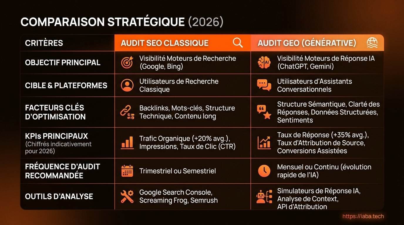 Audit SEO ou audit GEO : lequel choisir pour votre site ? 3 Tableau de comparaison technique des indicateurs entre audit SEO et audit GEO