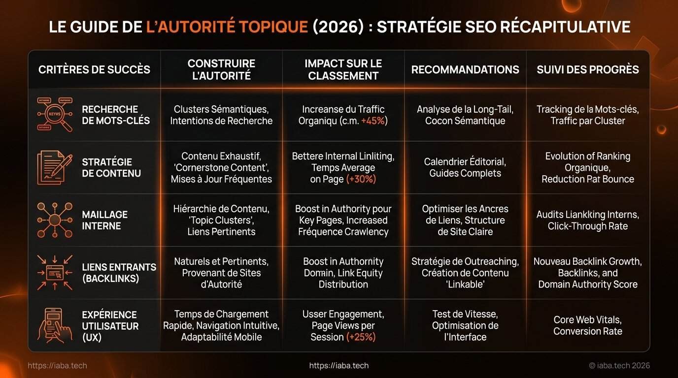 Autorité topique : la méthode SEO pour Google et les IA 4 Tableau comparatif des piliers de l'autorité topique croisant audit SEO, densité sémantique et E-E-A-T