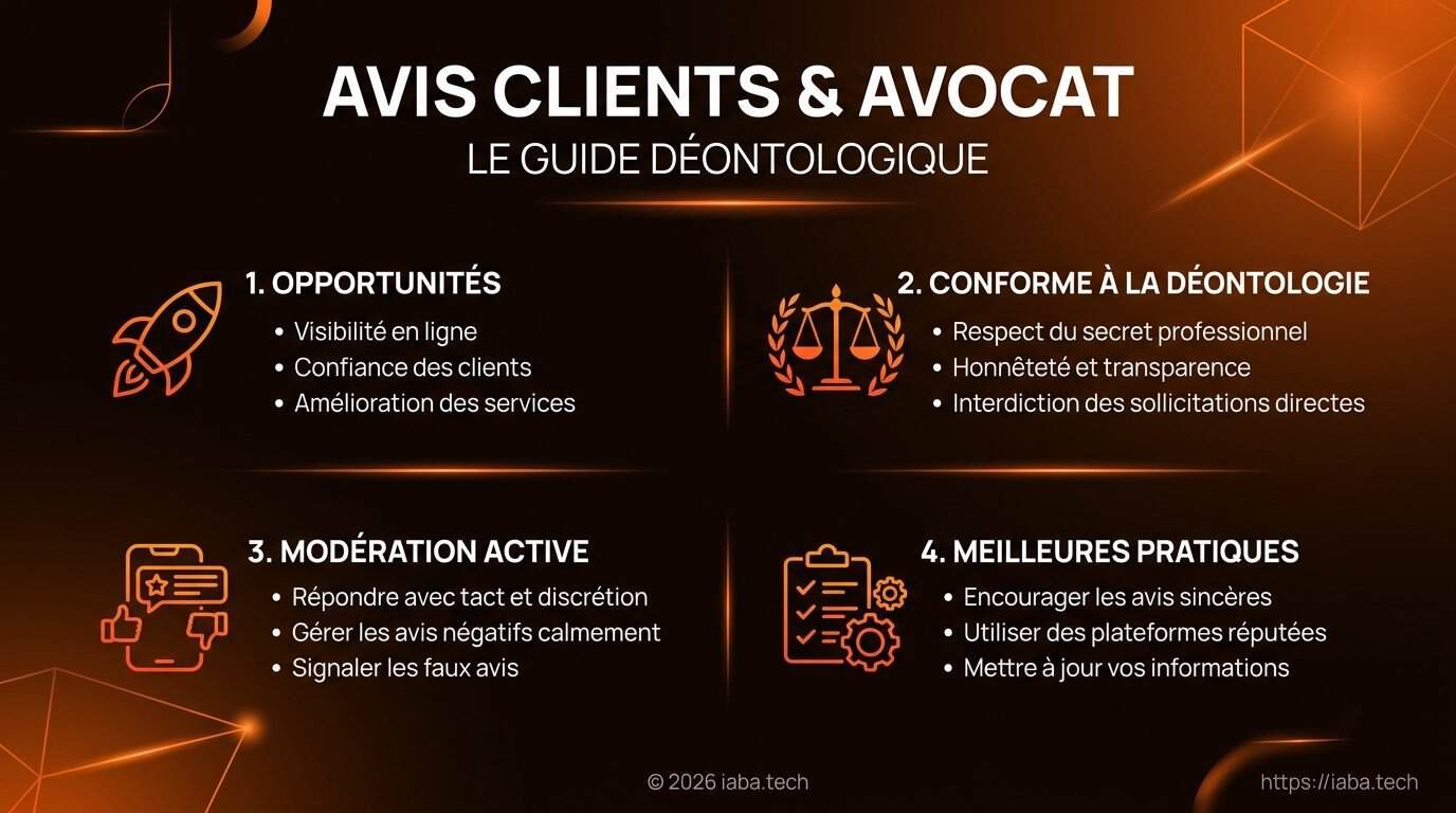 Avis clients avocat et déontologie : règles et gestion 2 Infographie collecte éthique et modération des avis clients pour avocats