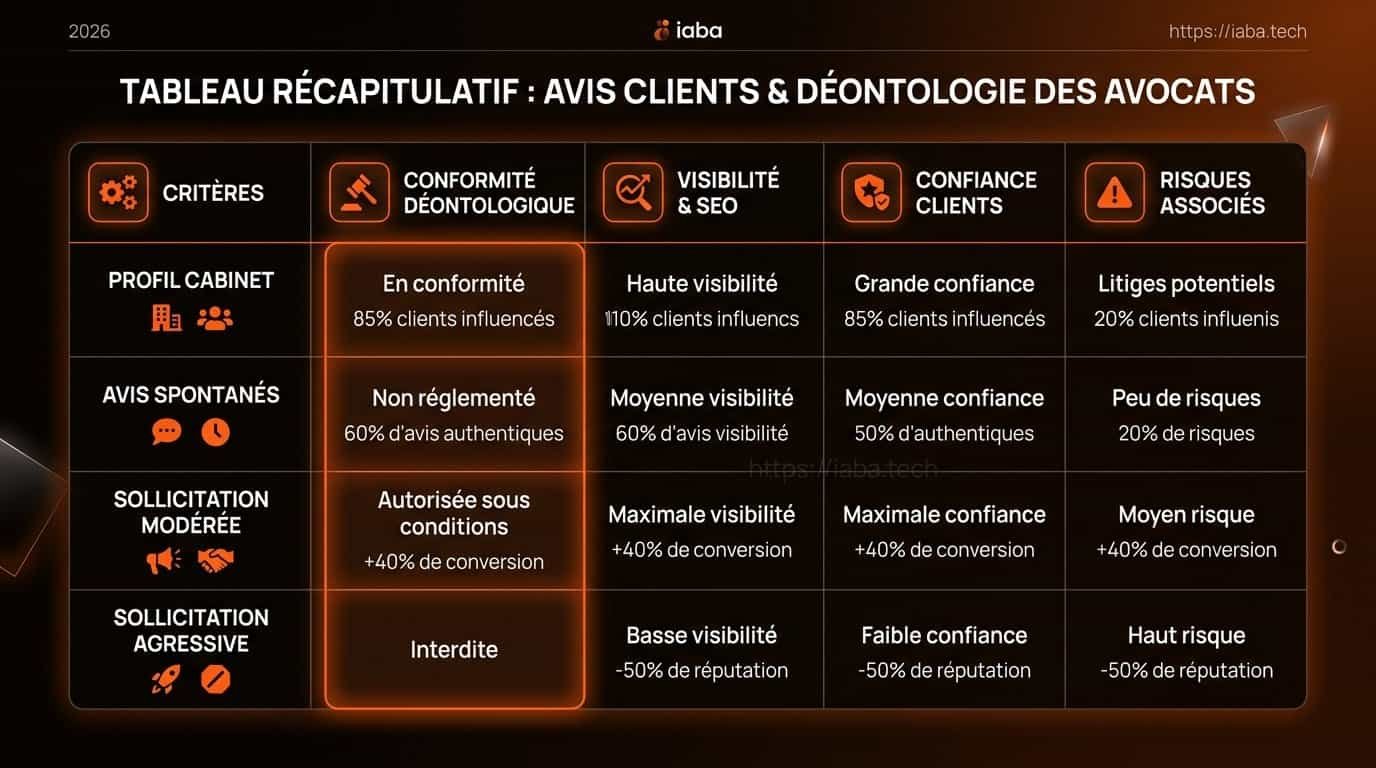 Avis clients avocat et déontologie : règles et gestion 4 Tableau comparatif plateformes d'avis clients avocats conformité déontologique