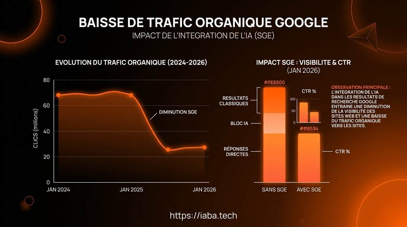 Baisse de trafic Google IA : diagnostic et solutions 3 Courbe montrant la corrélation entre l'intégration de la SGE et la baisse du trafic organique sur 12 mois
