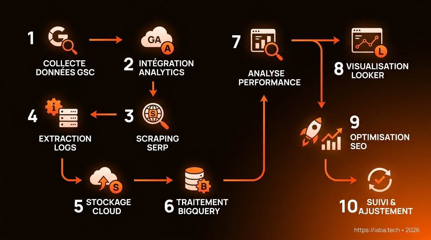 Schéma de processus : importation logs et GA4 dans BigQuery, traitement SQL, visualisation Looker Studio