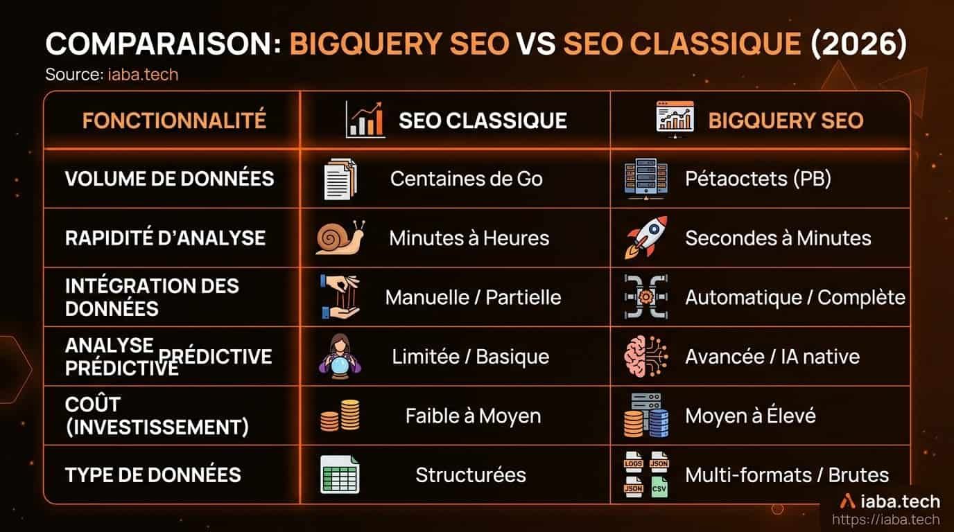 Tableau comparatif technique des solutions d'analyse SEO avec BigQuery en 2026