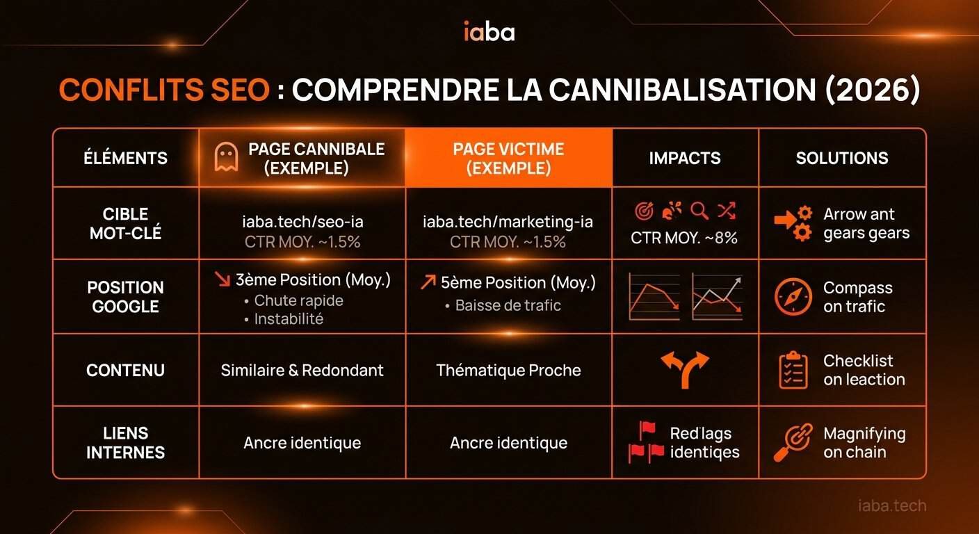 Cannibalisation SEO : détecter et corriger par la data 4 Tableau comparatif des symptômes, causes et solutions correctives de la cannibalisation SEO
