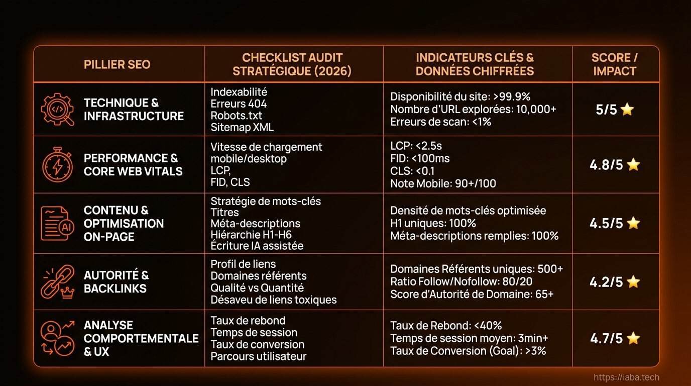Tableau : synthèse des étapes d'un audit SEO par priorité et outils