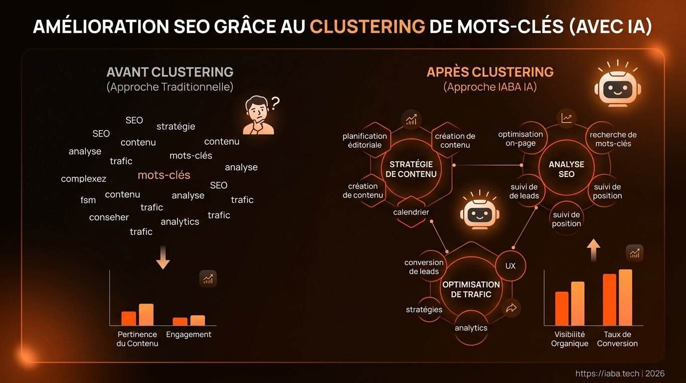 Clustering de mots-clés : workflow sémantique et NLP 2 Graphique : comparaison trafic mots-clés isolés vs clustering thématique pour le SEO