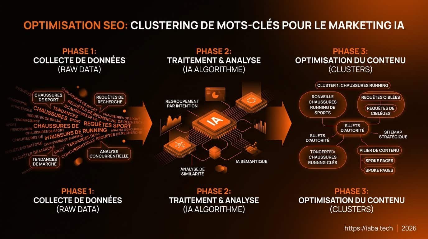 Clustering de mots-clés : workflow sémantique et NLP 3 Infographie : processus de clustering de mots-clés étape par étape pour le SEO sémantique
