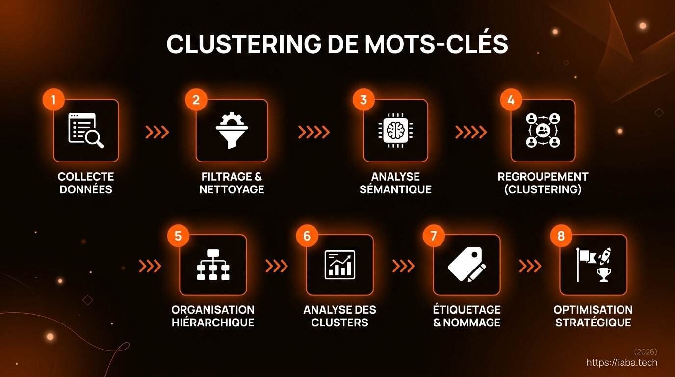 Clustering de mots-clés : workflow sémantique et NLP 5 Étapes : workflow de clustering de mots-clés jusqu'au mappage sur structure de silos