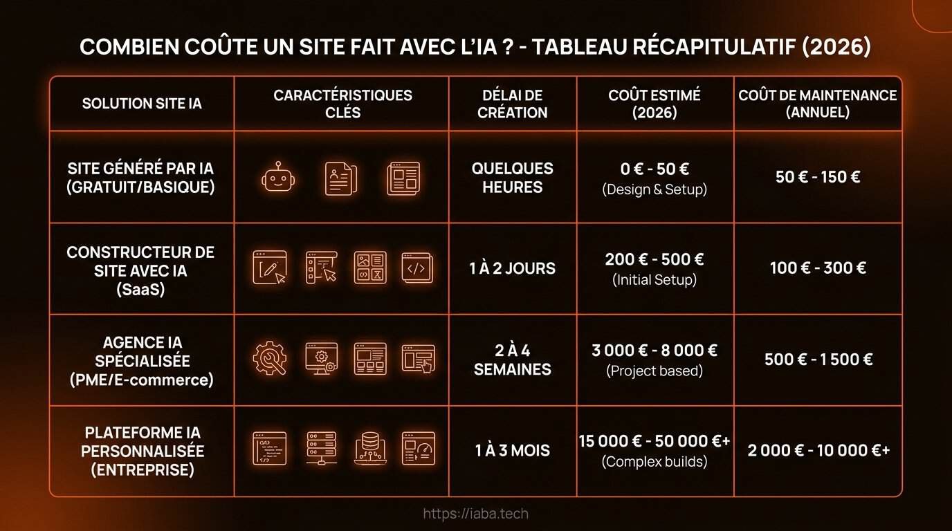Tableau comparatif coûts création site web IA 2026 selon budget mensuel scalabilité