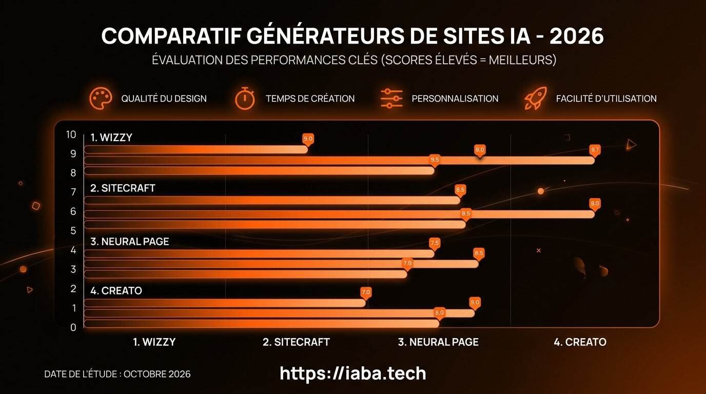 Comparaison des performances et parts de marché des générateurs de sites IA (Wix ADI, Framer AI, Hostinger, 10Web)