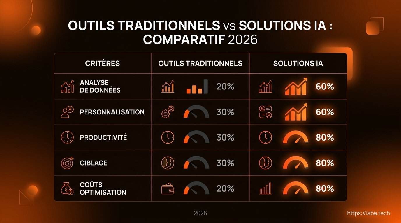 Tableau comparatif des générateurs de sites IA 2026 : personnalisation, temps de génération, complexité d'intégration API
