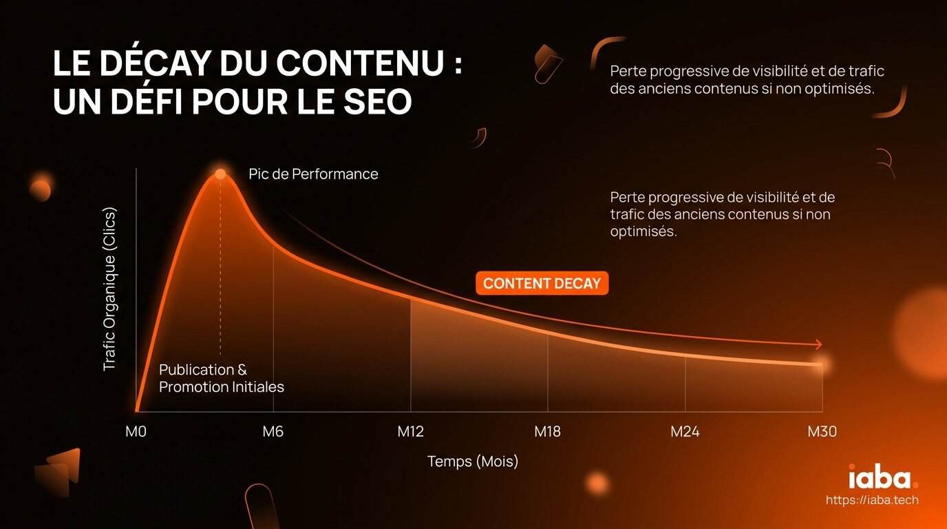 Courbe montrant le déclin du trafic organique en fonction de l'âge de l'article, content decay