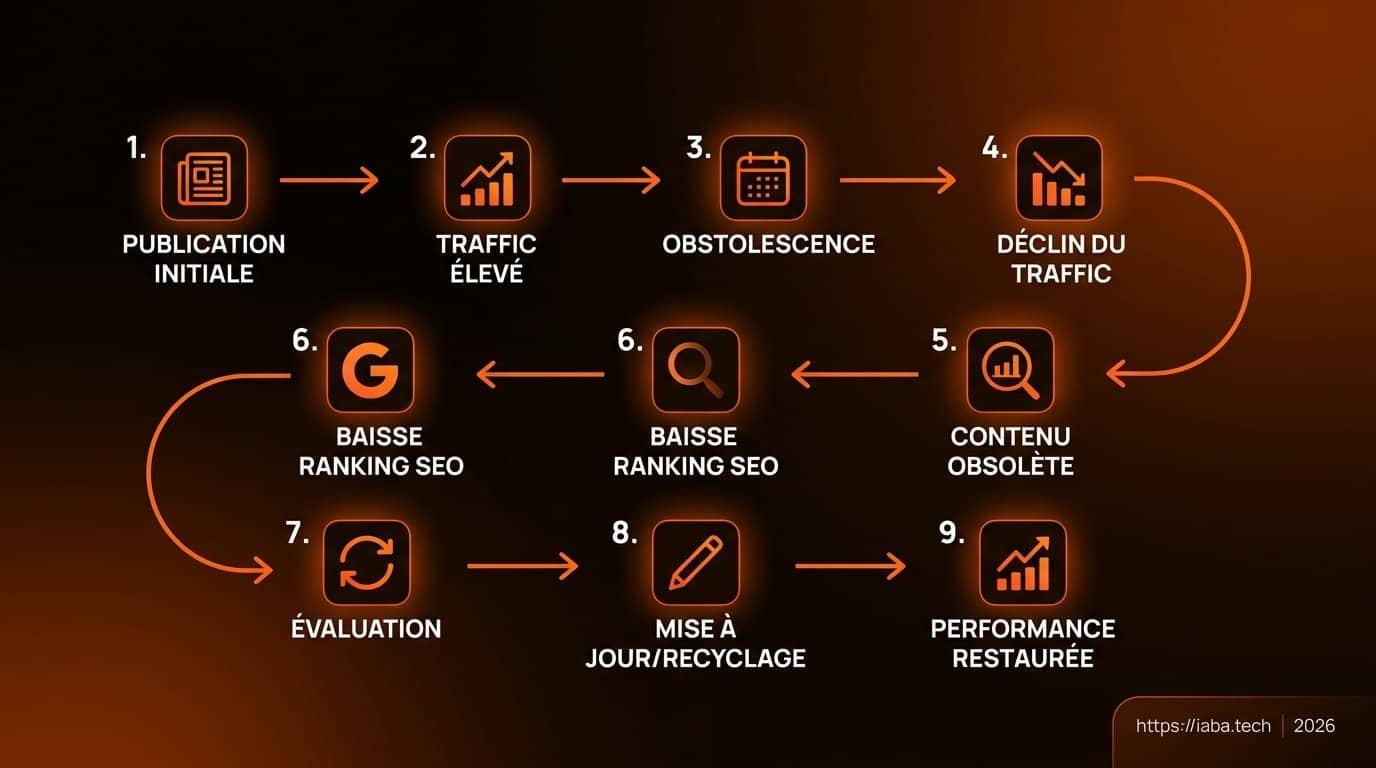 Workflow de gestion du content decay : audit, identification, mise à jour sémantique, données structurées, republication