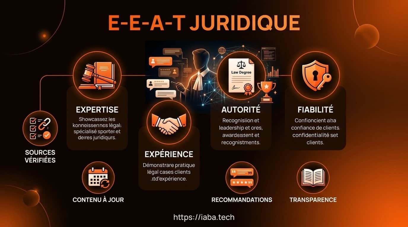 Contenu Juridique E-E-A-T Avocat : Attirer Plus de Dossiers 2 Schéma décisionnel illustrant les 5 piliers de l'E-E-A-T pour le contenu juridique d'un avocat