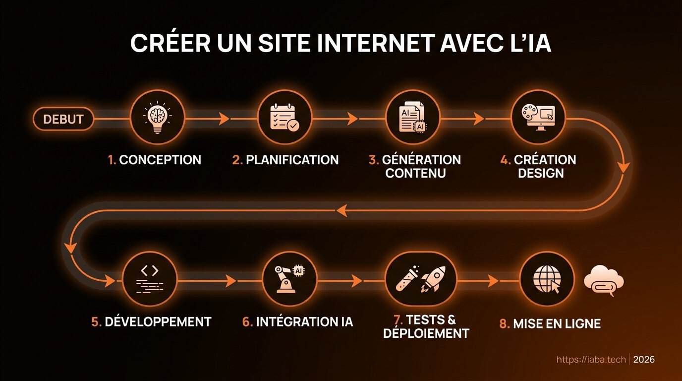 Schéma de processus des étapes pour créer un site internet avec l'IA en 2026