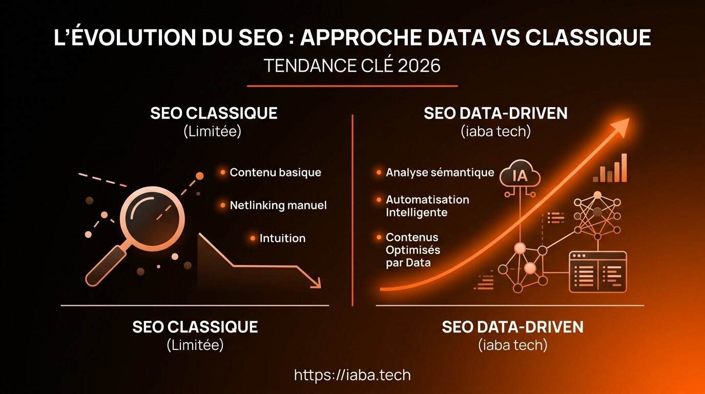 Data SEO : piloter Google et l'IA par la donnée analytique 3 Graphique : Comparaison de la croissance du trafic organique liée à l'exploitation du Data SEO vs stratégies traditionnelles sur 24 mois, affichant une progression de 40% des positions SERP.