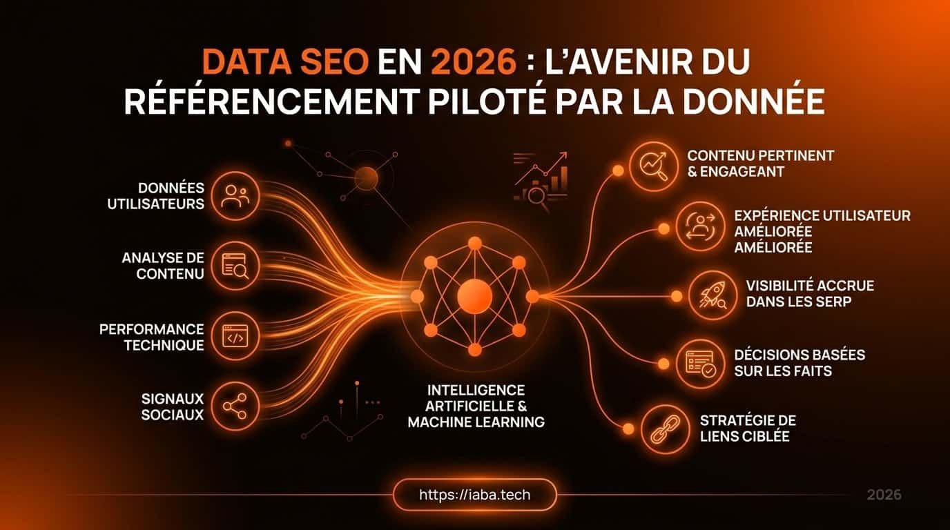 Data SEO : piloter Google et l'IA par la donnée analytique 2 Infographie : Schéma décisionnel illustrant les 5 étapes du data SEO en 2026, de la collecte de logs serveur et signaux utilisateurs à l'analyse prédictive par IA pour optimiser le classement SERP.