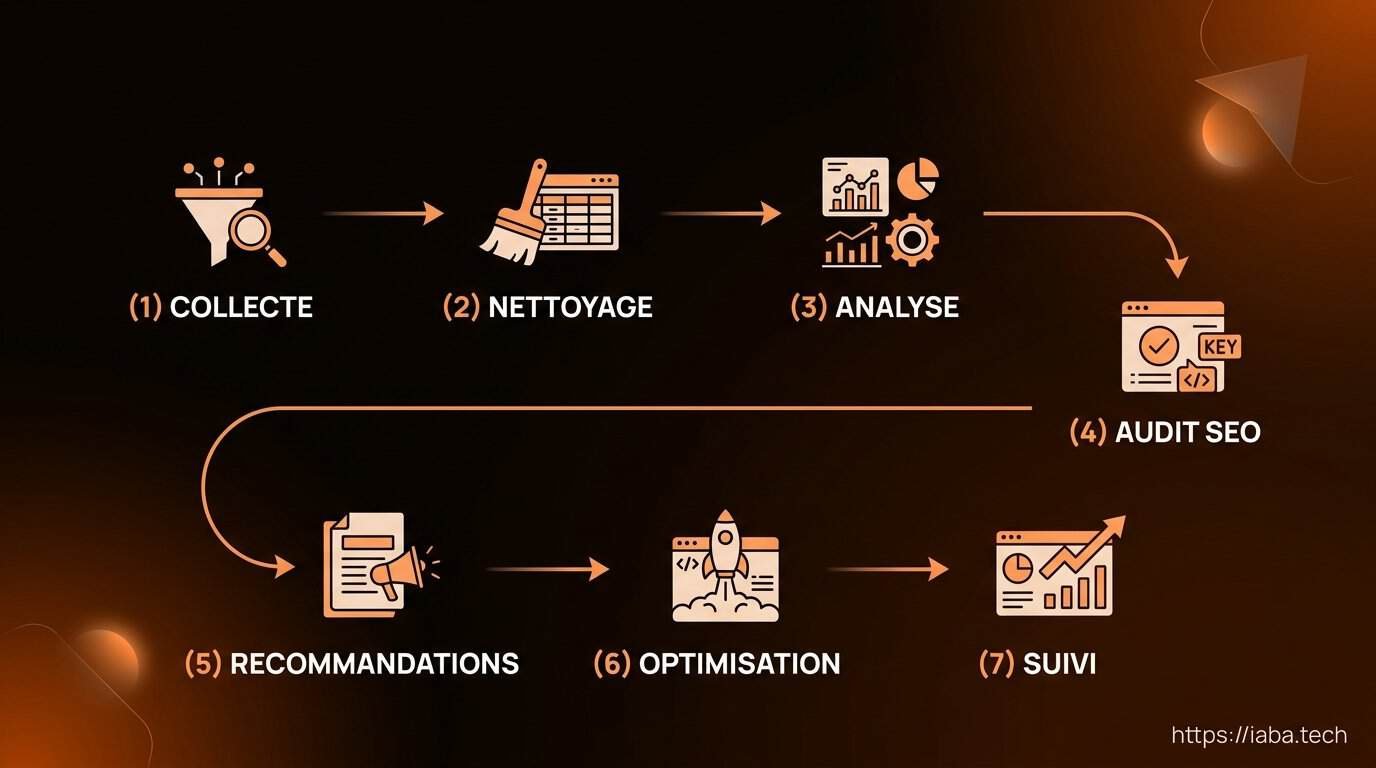 Data SEO : piloter Google et l'IA par la donnée analytique 5 Étapes : du nettoyage des données brutes à l'analyse sémantique, puis à l'automatisation du linking interne et enfin au reporting prédictif pour améliorer le positionnement organique.