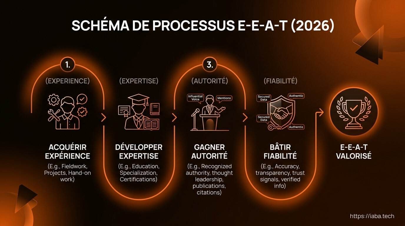 E-E-A-T en SEO : critères et évaluation par Google 5 Schéma de processus des 5 piliers de l'E-E-A-T pour 2026