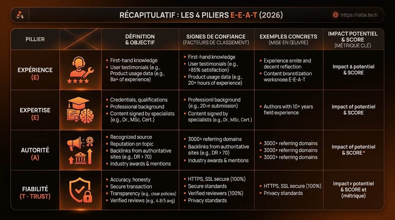 E-E-A-T en SEO : critères et évaluation par Google 3 Tableau comparatif des piliers E-E-A-T Expérience Expertise Autorité Fiabilité en 2026