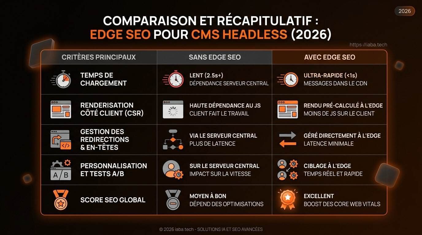 Edge SEO & sites headless : optimiser sans toucher au code source 4 Tableau comparatif Edge SEO vs headless : latence, rendu, cache, Core Web Vitals