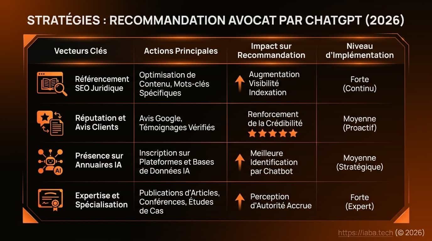 Tableau des facteurs d'influence pour être recommandé par ChatGPT comme avocat