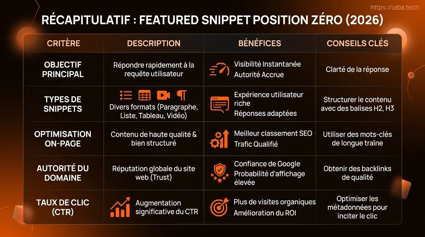 Tableau comparatif des critères d'optimisation pour la position zéro featured snippet