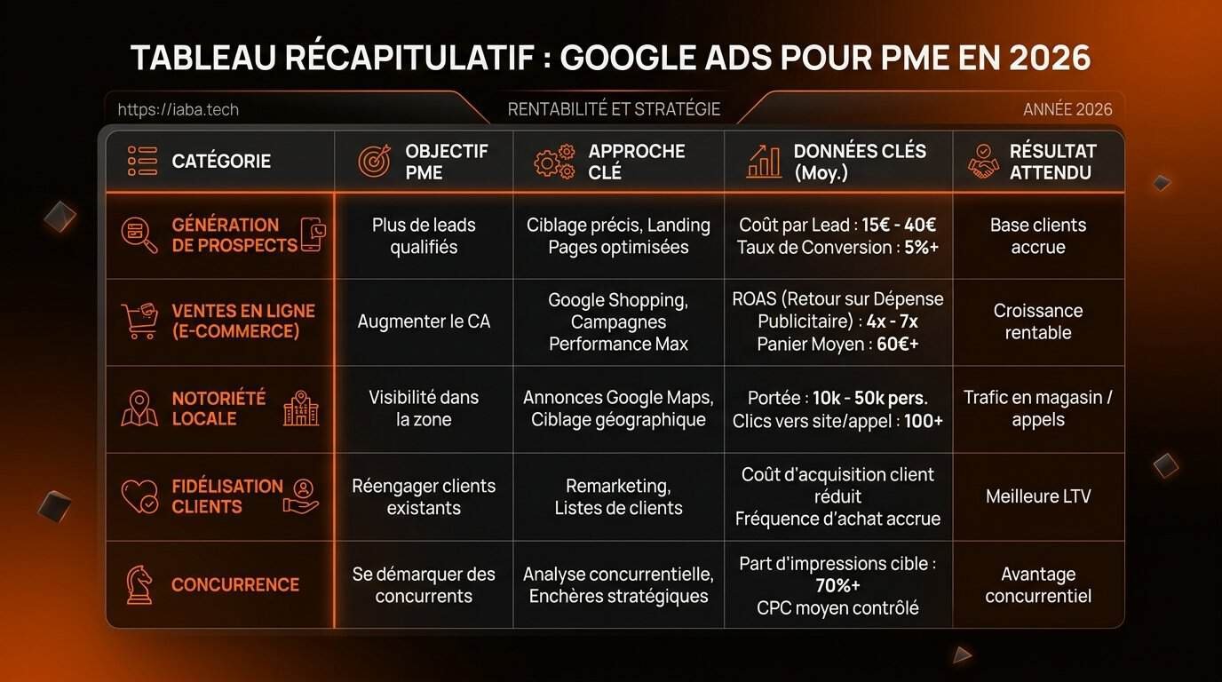 Tableau comparatif des stratégies Google Ads 2026 pour PME : CPA, taux de conversion, ROAS cible