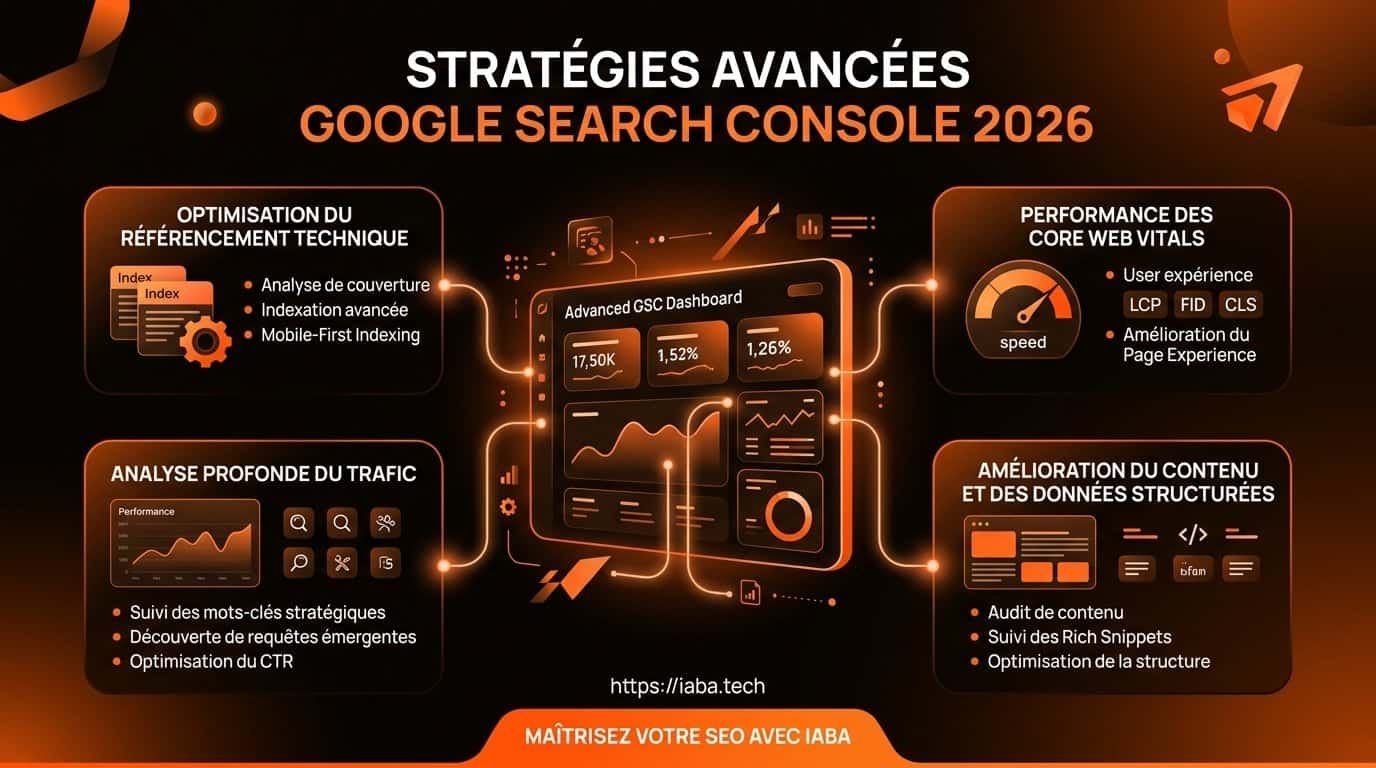 Google Search Console avancé : API, regex et data SEO 5 Infographie des étapes clés de l'utilisation avancée de Google Search Console et des optimisations SEO