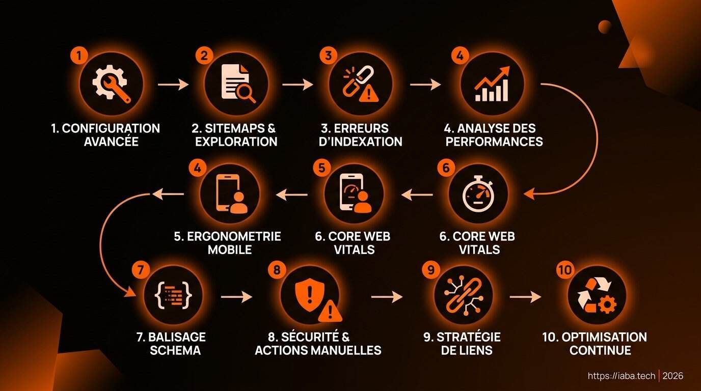 Google Search Console avancé : API, regex et data SEO 2 Schéma de processus : diagnostic technique et audit d'indexation via Google Search Console avancé