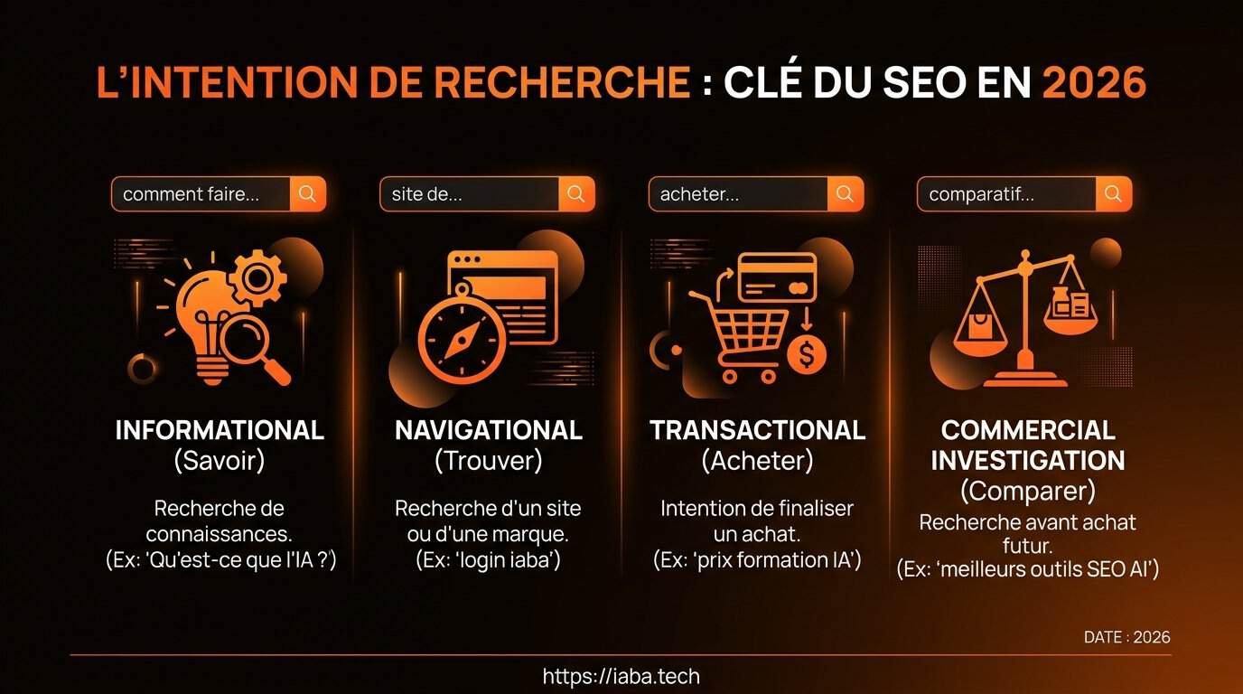 Intention de recherche SEO : le guide technique complet 2 Infographie des 4 types d'intention de recherche SEO et cycle décisionnel